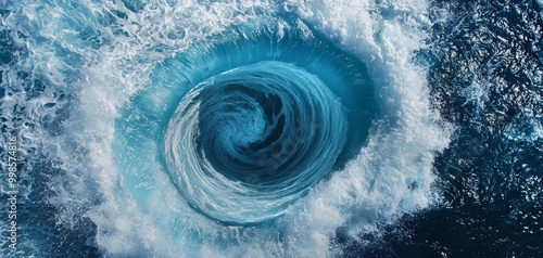 A powerful whirlpool swirling in the ocean, creating a vortex that pulls water downward photo