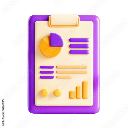 A vibrant 3D rendered dashboard design featuring graphical elements like pie charts and data bars in purple, orange, and cream colors. Ideal for presentations. photo