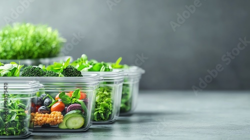 Healthy food containers with fresh vegetables on a gray background photo