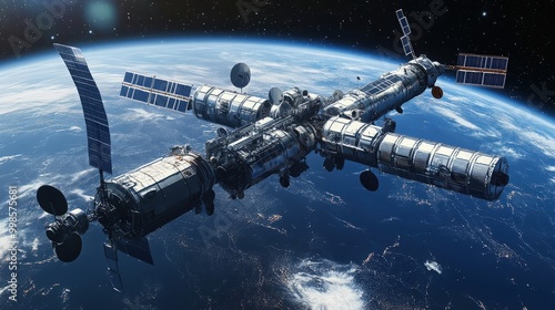 Fototapeta Naklejka Na Ścianę i Meble -  As it orbits Earth, this advanced space station becomes a symbol of humanity's ambitions in space exploration and scientific advancement