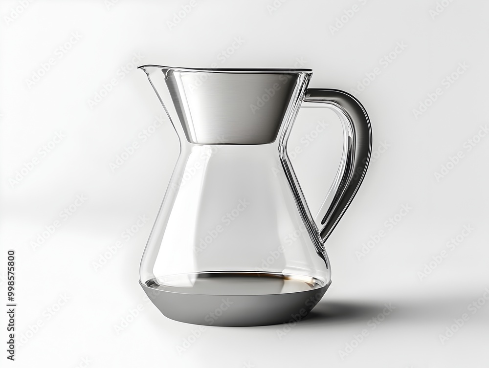 Artisanal Pour Over Coffee Maker with Tempered Glass Carafe and Polished Stainless Steel Body on White Background Artisanal Pour Over Coffee Maker with Tempered Glass Carafe and Polished Stainless Steel Body on White Background