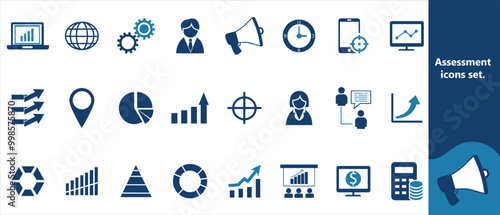 Assessment icons set. Audit, analysis, plan, evaluation, quality process, result and goal. Vector illustration