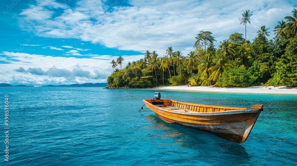 Wooden boat in crystal waters near a tropical island with coconut palms, under a bright blue sky with white clouds.