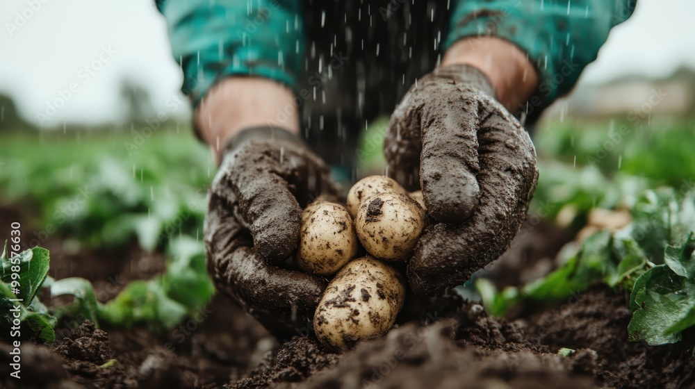 Close-up of hands harvesting potatoes in a rainy field, illustrating hard work, agriculture, and the connection to nature through the farming process. Close-up of hands harvesting potatoes in a rainy field, illustrating hard work, agriculture, and the connection to nature through the farming process.