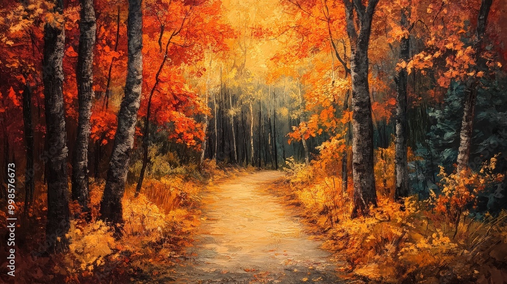 Fototapeta premium Autumn fiery colors light up a serene forest path, creating an enchanting and peaceful walking experience amidst nature's beauty