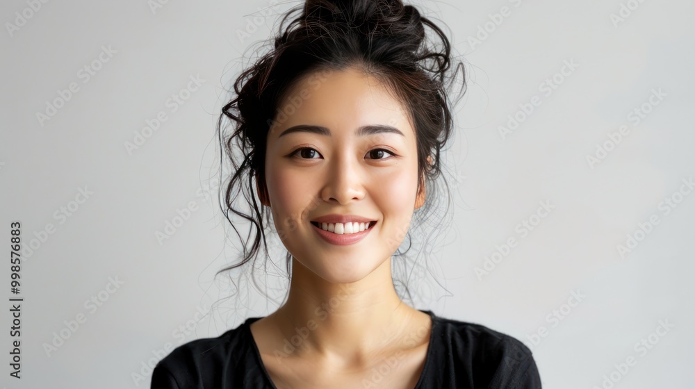 A beautiful Chinese woman with a pretty face, fair skin and black hair tied up in a pigtail is smiling at the camera. A beautiful Chinese woman with a pretty face, fair skin and black hair tied up in a pigtail is smiling at the camera.