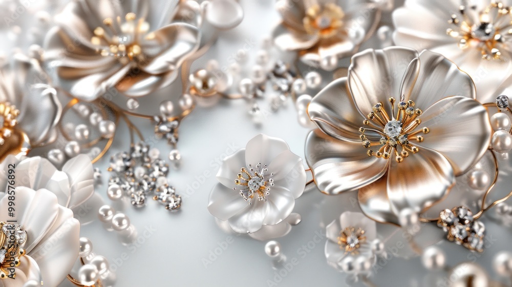 Fototapeta premium 3d wallpaper background with silver and gold jewelry elements, pearl flowers, white background