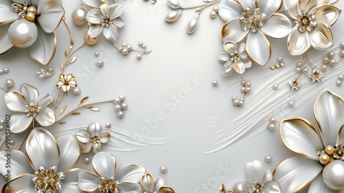 3d wallpaper background with silver and gold jewelry elements, pearl flowers, white background