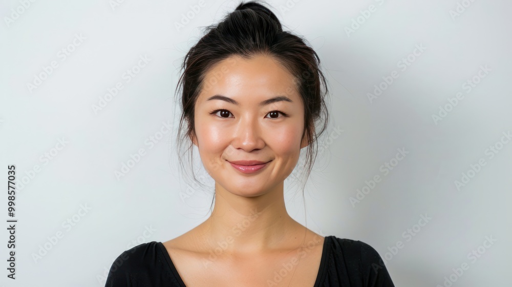 A beautiful Chinese woman with a pretty face, fair skin and black hair tied up in a pigtail is smiling at the camera. A beautiful Chinese woman with a pretty face, fair skin and black hair tied up in a pigtail is smiling at the camera.