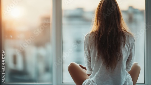 A woman is shown from behind, seated in meditation by a large window overlooking a peaceful cityscape at sunrise, embodying serenity and contemplation amidst urban settings.