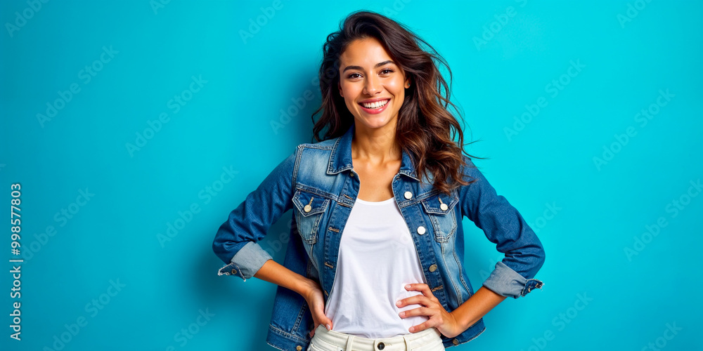Smiling Confident Woman in Denim Jacket Against Blue Background Smiling Confident Woman in Denim Jacket Against Blue Background