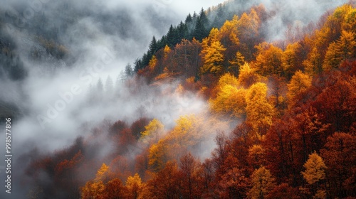 Balkan Mountains forest in autumn, shrouded in fog and adorned with rich fall colors for a dreamy, serene view