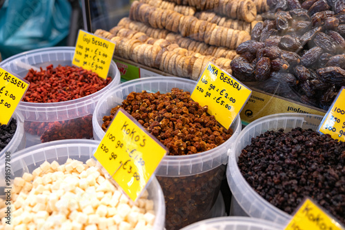 Dried fruit, sweet goods, snacks. Haagse Market in The Hague, Netherlands.