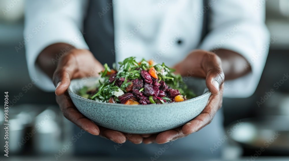 A chef in uniform proudly presents a bowl filled with a vibrant and colorful gourmet salad, showcasing fresh vegetables and greens in a professional kitchen setting. A chef in uniform proudly presents a bowl filled with a vibrant and colorful gourmet salad, showcasing fresh vegetables and greens in a professional kitchen setting.