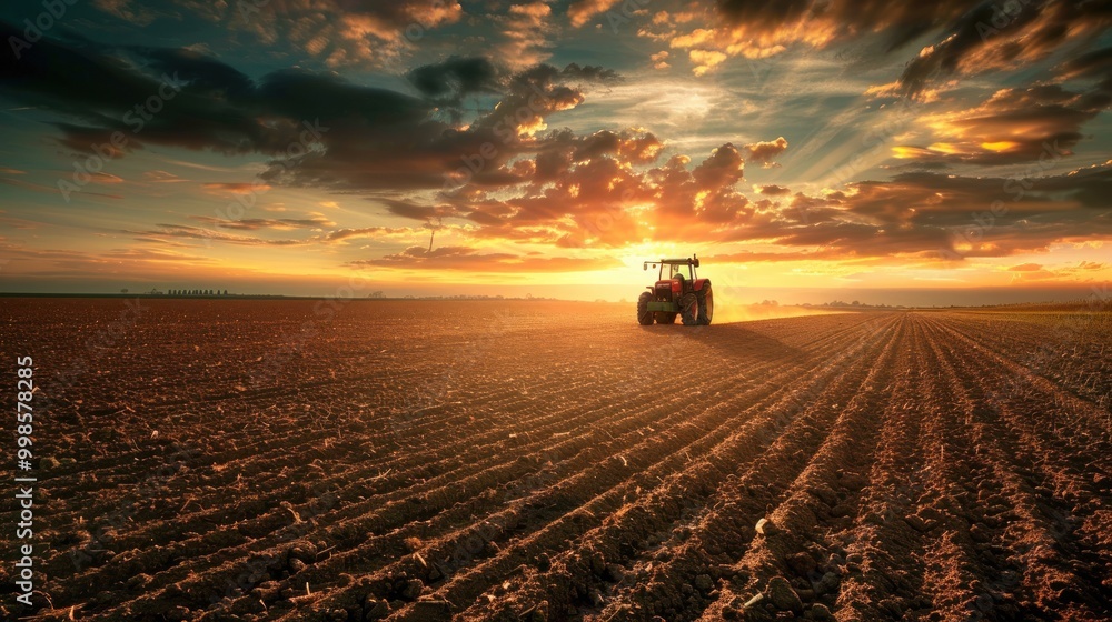 Fototapeta premium A photo of a red tractor in a freshly plowed field at sunset, symbolizing farming and rural life