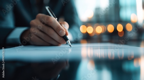 A hand holding a pen signs a document on a glossy table surface, illuminated by soft, dim lighting, signifying a formal act of confirmation or agreement in a professional setting.