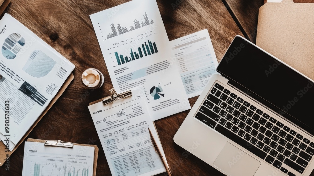 Obraz premium An overhead shot of a desk cluttered with financial reports and a laptop displaying a detailed business graph, capturing the essence of analysis and productivity in the workplace.