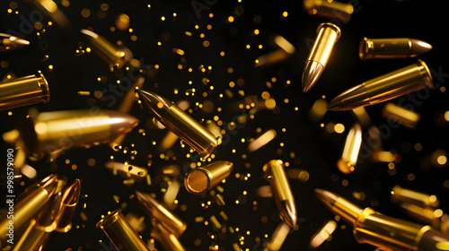 A realistic 8k gold bullets falling from the sky 