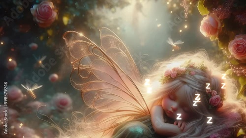 16 seconds sleeping naptime slumber video of blissful fairy with pink roses dozing off in forest motion graphics screensaver