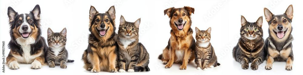 Set cat and dog sitting together isolated on white background Set cat and dog sitting together isolated on white background