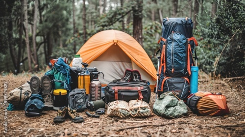 Adventure gear with hiking and camping equipment in outdoor setting