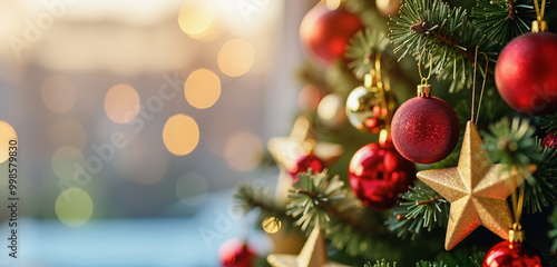 Close-up of christmas tree with red and gold ornaments