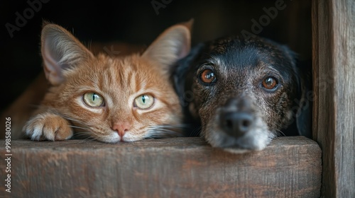 A heartwarming scene of a ginger cat and a dog together, both resting their heads on a wooden ledge, capturing a moment of serene companionship and mutual comfort in one frame. photo