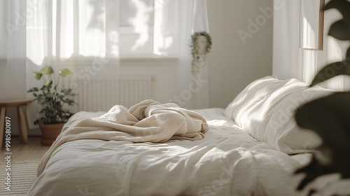 A minimalist bedroom featuring soft, neutral bedding with a single folded blanket as the main element. No additional decor or furniture clutters the space, creating a calm, serene vibe