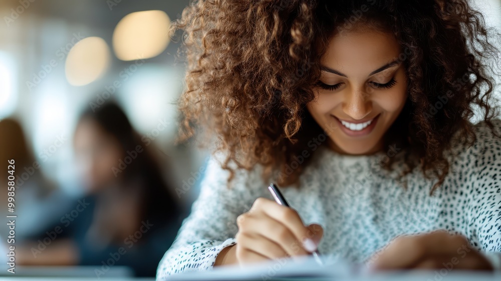 A smiling woman with curly hair engages in writing in her notebook, illustrating creativity, focus, and the joy of self-expression amid a studious atmosphere. A smiling woman with curly hair engages in writing in her notebook, illustrating creativity, focus, and the joy of self-expression amid a studious atmosphere.