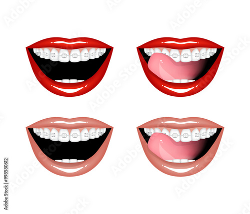 Beautiful red and beige female lips and teeth in braces. Set of isolated vector illustrations