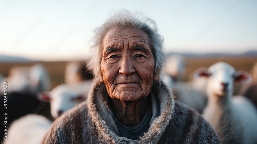 An elderly person stands with their flock of sheep in a rugged outdoor setting, embodying resilience and wisdom gained from a life tied to the land. An elderly person stands with their flock of sheep in a rugged outdoor setting, embodying resilience and wisdom gained from a life tied to the land.