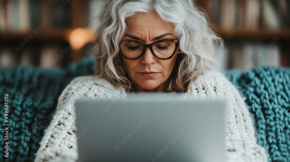 An elderly woman with glasses is deeply engrossed in reading her laptop screen, highlighting an atmosphere of concentrated learning and wisdom from within her study. An elderly woman with glasses is deeply engrossed in reading her laptop screen, highlighting an atmosphere of concentrated learning and wisdom from within her study.