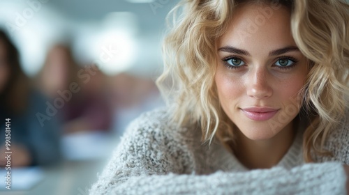 A blonde woman in warm attire gazes thoughtfully, presenting a soft, gentle smile, conveying introspection and contentment in a light-filled room.