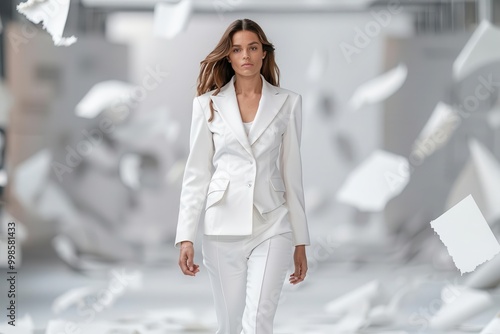 Model wearing a fast fashion outfit on a runway that s falling apart, symbolizing the poor quality of such products photo