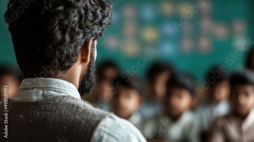 A teacher with a beard stands facing a classroom full of engaged students, suggesting an environment focused on education and learning in a school setting. photo