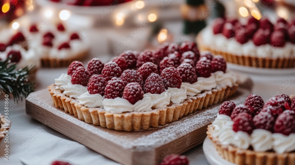 A beautifully presented raspberry tart served on a wooden board, garnished with fresh raspberries and a dusting of powdered sugar, set against a festive table setting. A beautifully presented raspberry tart served on a wooden board, garnished with fresh raspberries and a dusting of powdered sugar, set against a festive table setting.