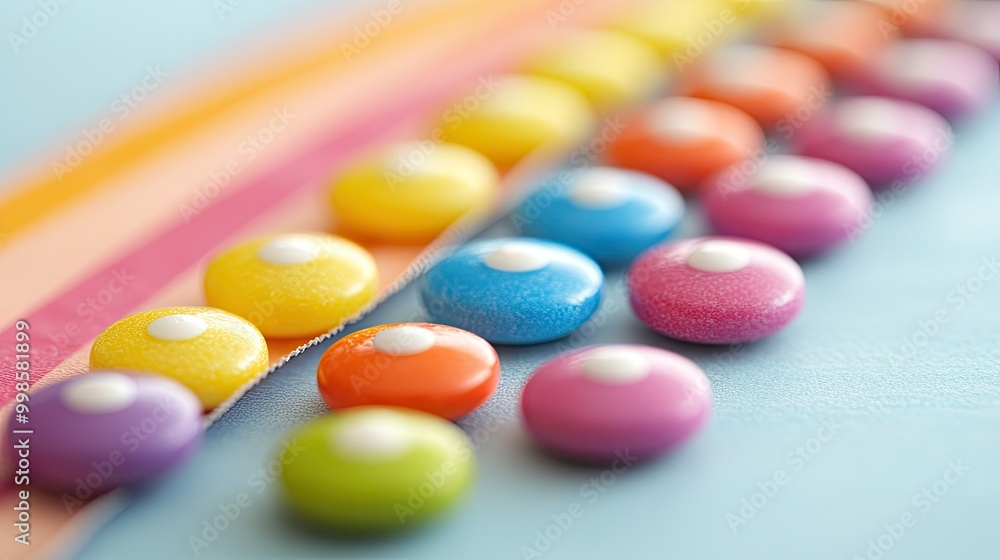 Candy buttons in vibrant hues, lined up on a strip of paper, creating a cheerful and playful close-up scene Candy buttons in vibrant hues, lined up on a strip of paper, creating a cheerful and playful close-up scene