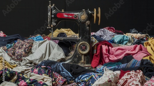 Sewing machine surrounded by low-quality fabrics and sweatshop imagery, portraying fast fashion exploitation