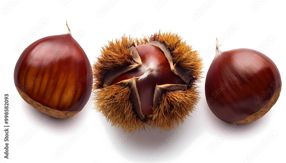 Autumn - Fresh chestnut fruits, Castanea, Horse Chestnut (Aesculus hippocastanum) on white background Autumn - Fresh chestnut fruits, Castanea, Horse Chestnut (Aesculus hippocastanum) on white background