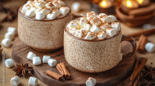 Delicious hot chocolate with marshmallows and cinnamon. A mug of hot cocoa with marshmallows on a dark winter background. Hot winter drink. Menu, recipe. Copy space. Cozy warming atmosphere