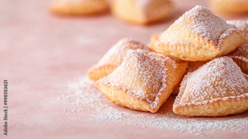 A tempting collection of square-shaped pastry pillows placed on a light pink background, each generously adorned with a soft dusting of powdered sugar, evoking a sense of sweetness. A tempting collection of square-shaped pastry pillows placed on a light pink background, each generously adorned with a soft dusting of powdered sugar, evoking a sense of sweetness.