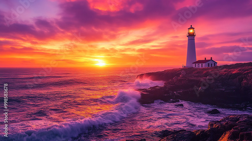 Vibrant Sunset Behind Lighthouse on Rocky Coast