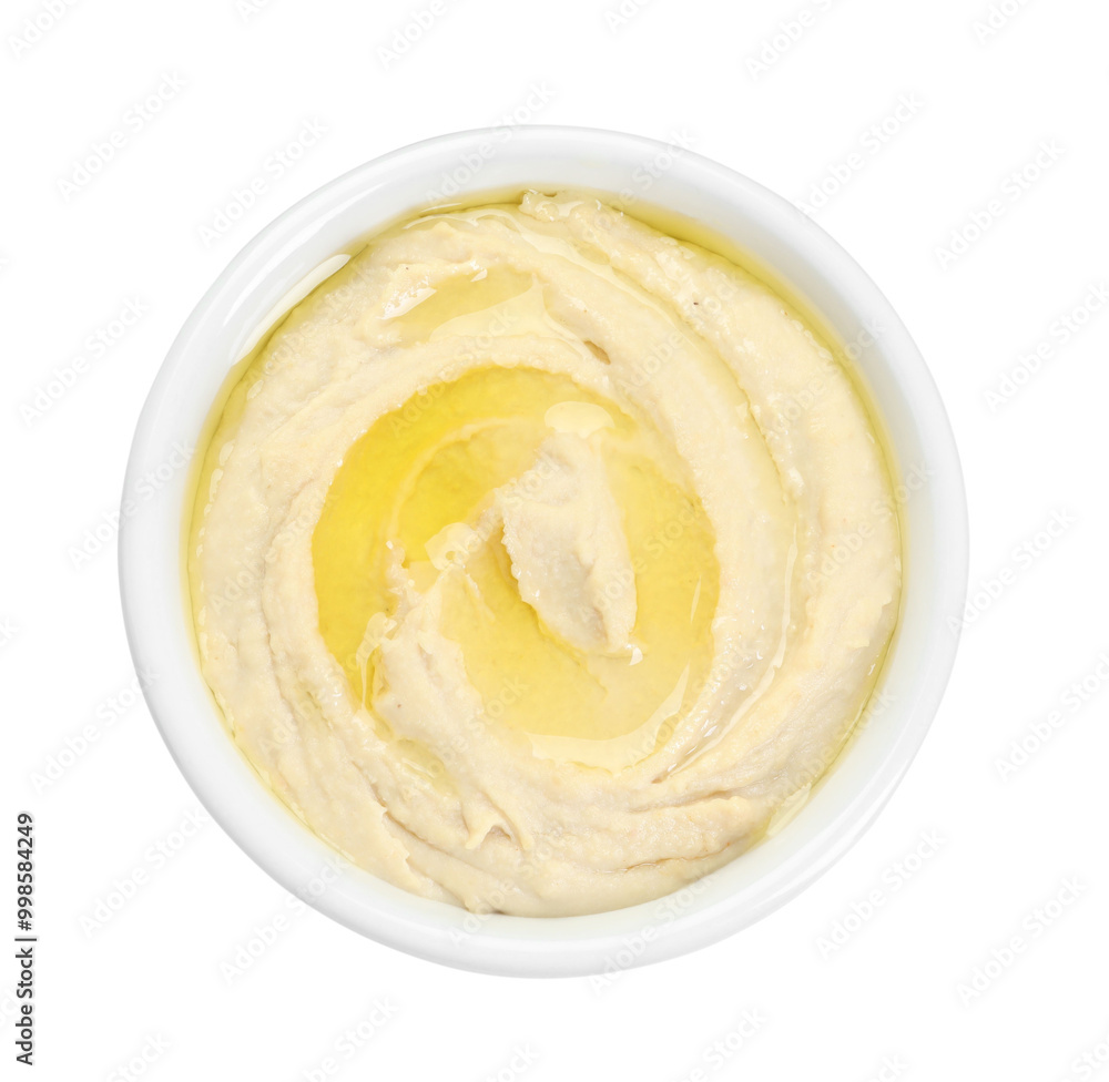 Delicious hummus with olive oil isolated on white, top view Delicious hummus with olive oil isolated on white, top view