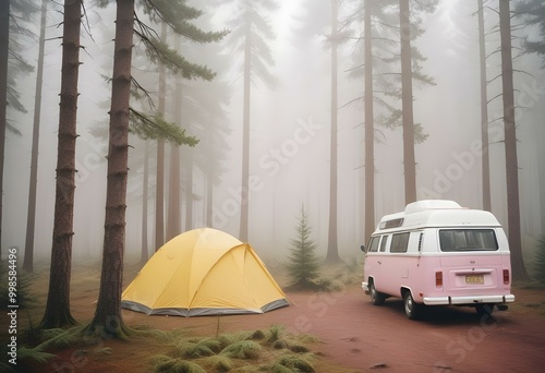 A white camper van parked next to a yellow tent in a forested area with pine trees