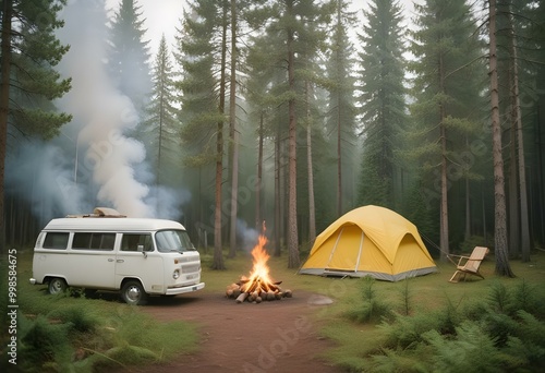 A white camper van parked next to a yellow tent in a forested area with pine trees