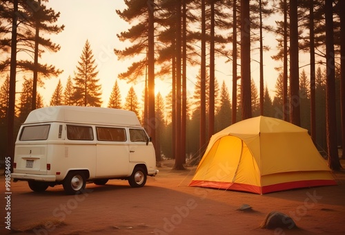 A white camper van parked next to a yellow tent in a forested area with pine trees