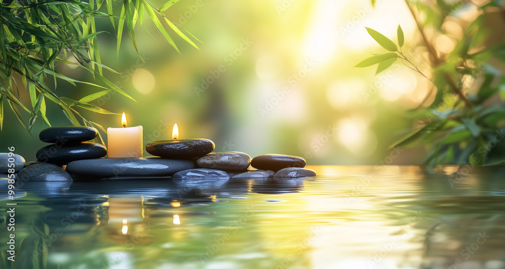 Naklejka premium a spa background with bamboo, stones, and a candle on the water surface. This background is suitable for a banner or presentation about wellness
