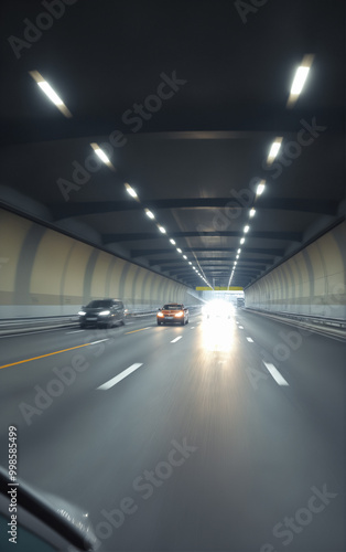 Cars passing along through the tunnel. View from above. Scenery.