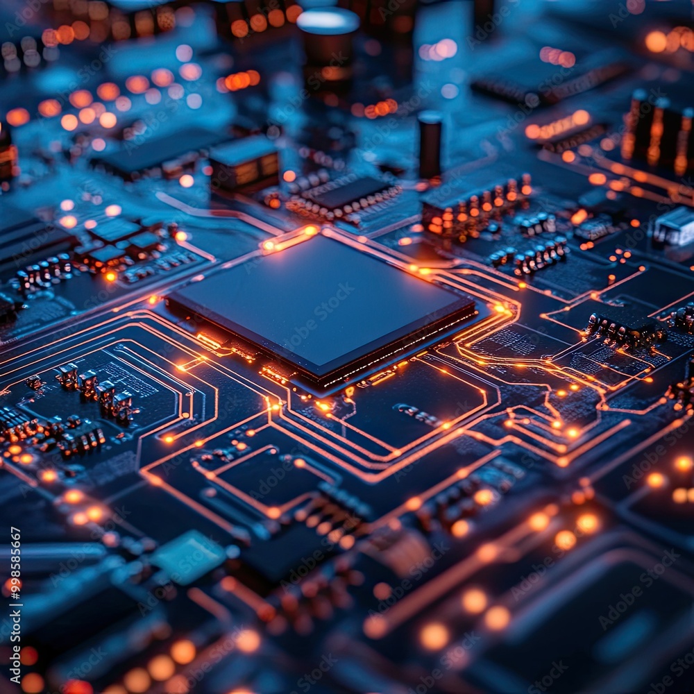 Close-up of an electronic circuit board with glowing connections, representing computer hardware and innovation. Close-up of an electronic circuit board with glowing connections, representing computer hardware and innovation.