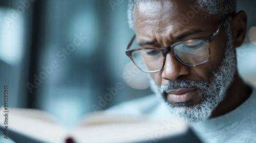 A person is deeply engaged in reading a book while in a softly lit, out-of-focus background. Glasses perched on their nose indicate focus and intellect. photo